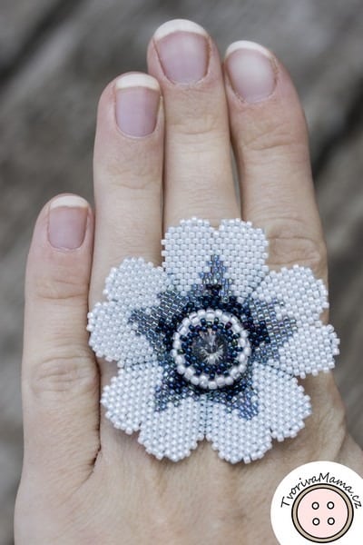 White flower Beadweaving Ring
