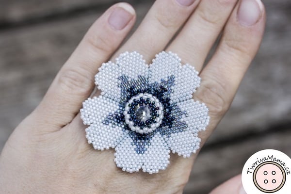 White Flower Beadweaving Ring